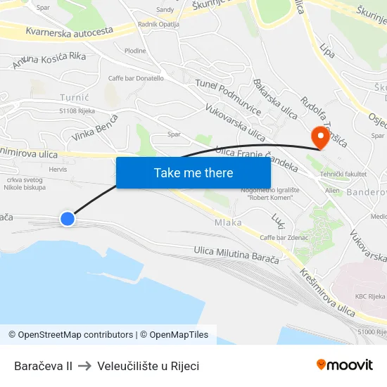 Baračeva II to Veleučilište u Rijeci map