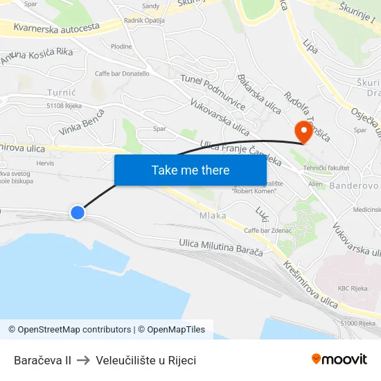 Baračeva II to Veleučilište u Rijeci map