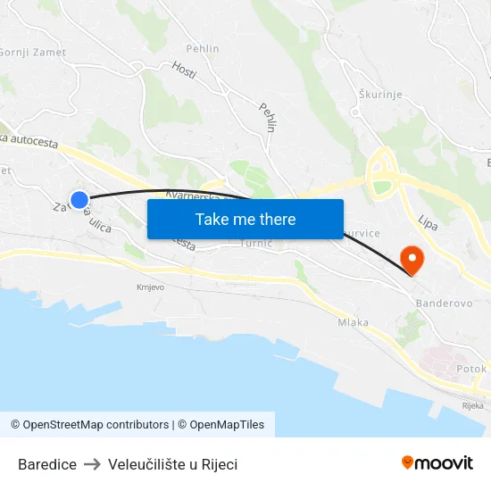 Baredice to Veleučilište u Rijeci map