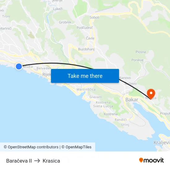 Baračeva II to Krasica map