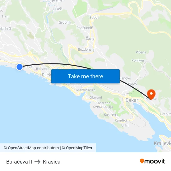 Baračeva II to Krasica map