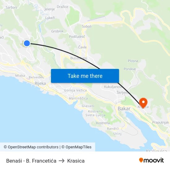 Benaši - B. Francetića to Krasica map
