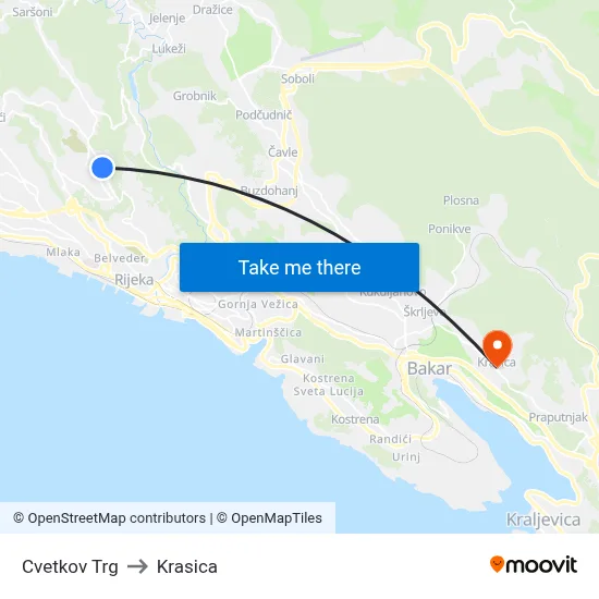 Cvetkov Trg to Krasica map