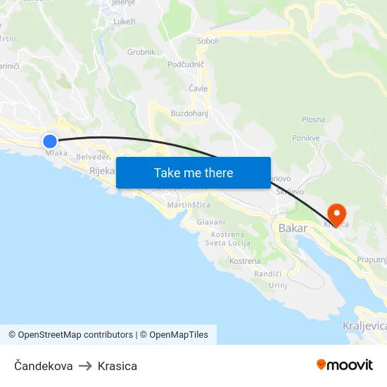 Čandekova to Krasica map