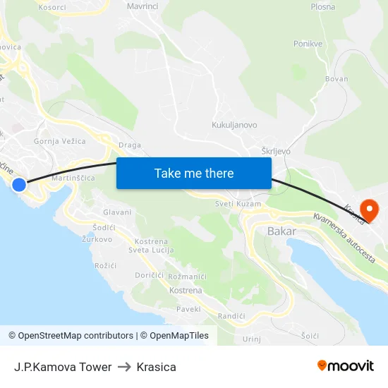 J.P.Kamova Tower to Krasica map