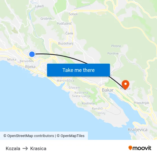 Kozala to Krasica map