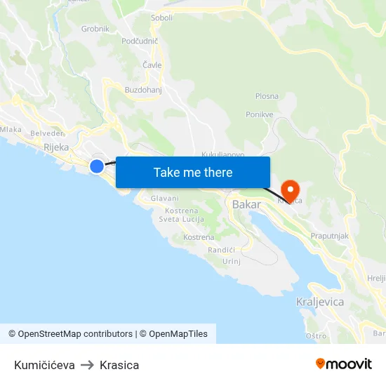 Kumičićeva to Krasica map