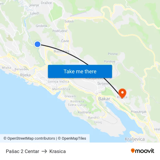 Pašac 2 Centar to Krasica map