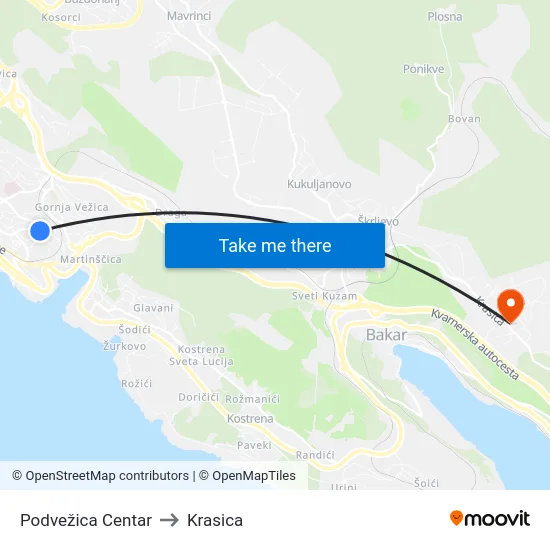 Podvežica  Centar to Krasica map