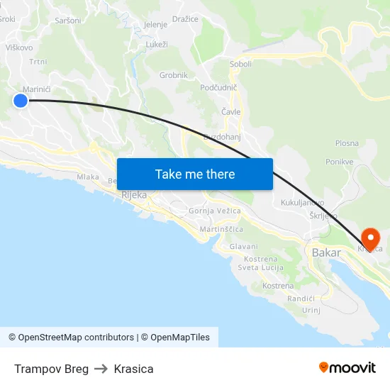 Trampov Breg to Krasica map