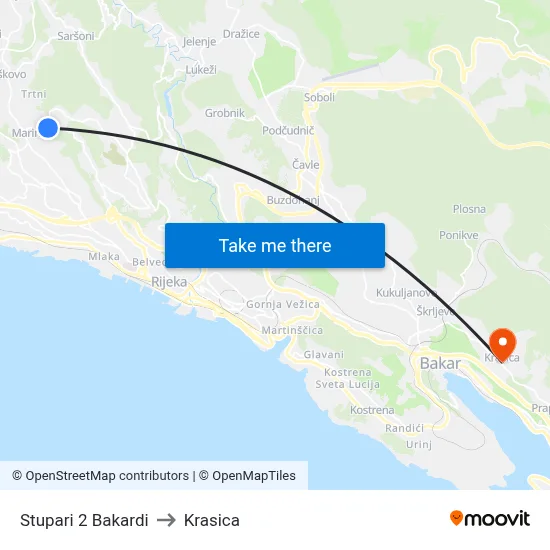 Stupari 2 Bakardi to Krasica map