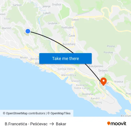 B.Francetića - Pešćevac to Bakar map