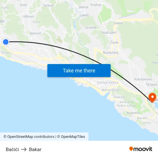 Bačići to Bakar map
