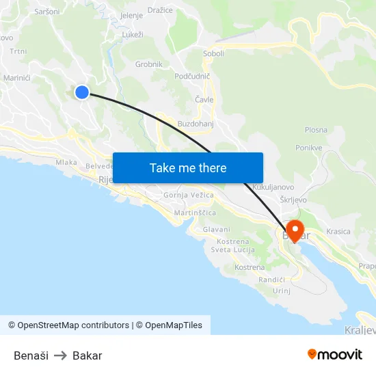 Benaši to Bakar map