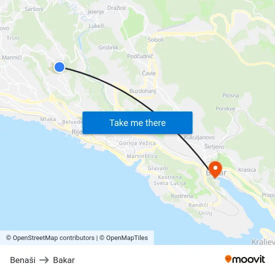 Benaši to Bakar map