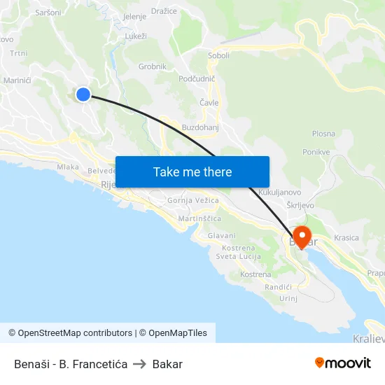 Benaši - B. Francetića to Bakar map