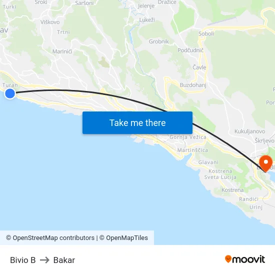 Bivio  B to Bakar map