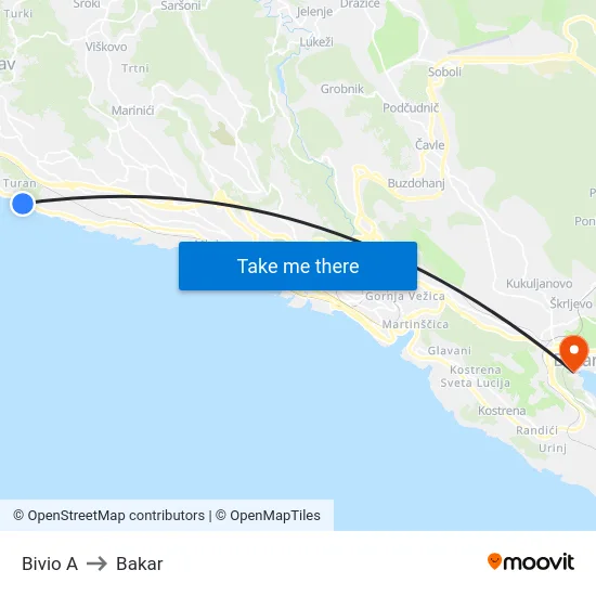 Bivio  A to Bakar map