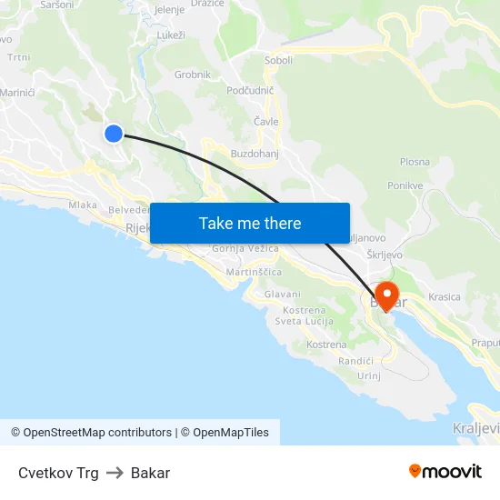 Cvetkov Trg to Bakar map