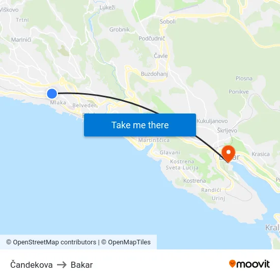 Čandekova to Bakar map