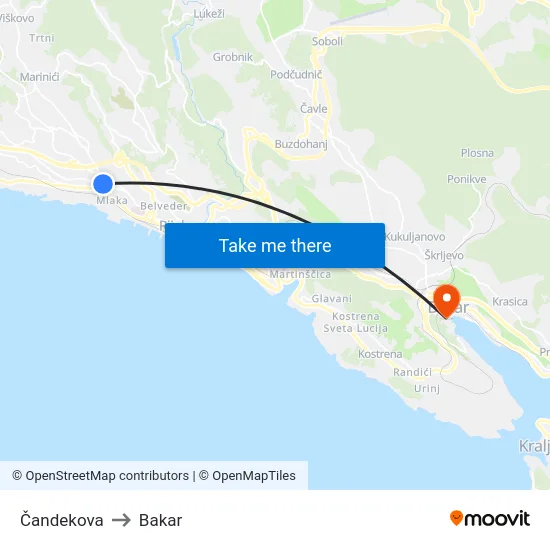 Čandekova to Bakar map