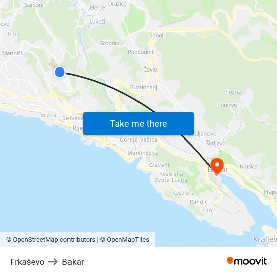 Frkaševo to Bakar map
