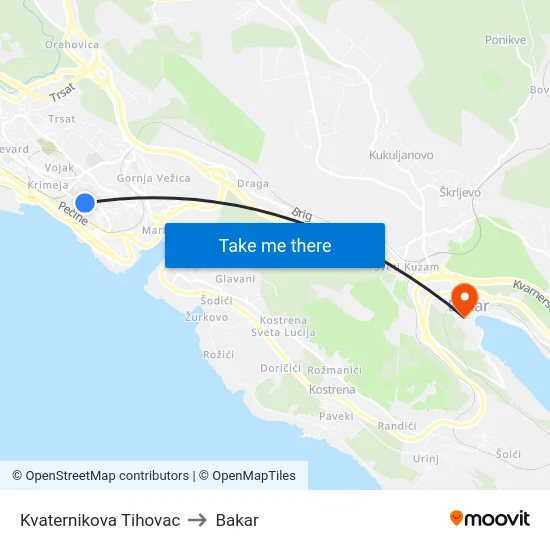 Kvaternikova Tihovac to Bakar map