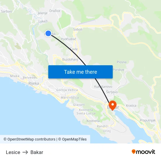 Lesice to Bakar map