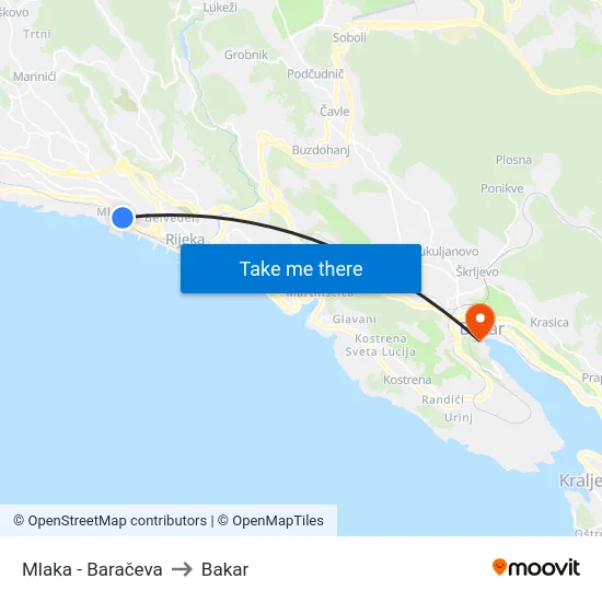 Mlaka - Baračeva to Bakar map