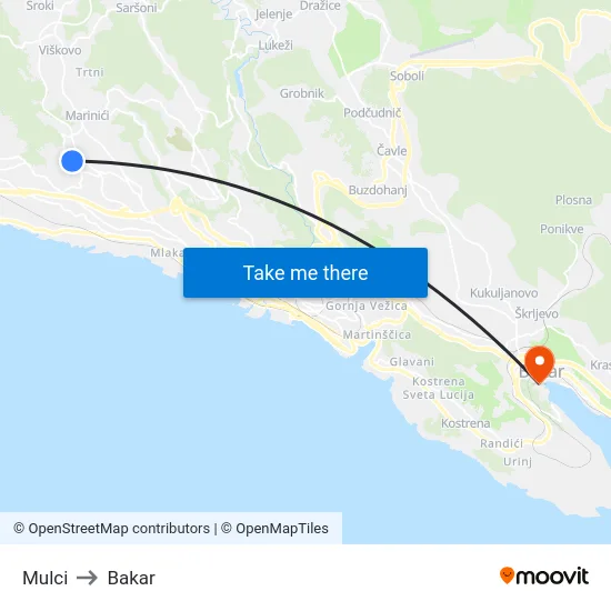 Mulci to Bakar map