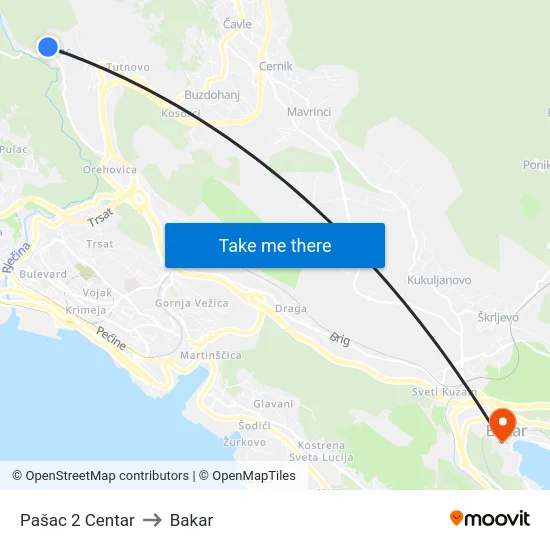 Pašac 2 Centar to Bakar map