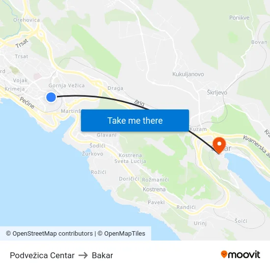 Podvežica  Centar to Bakar map