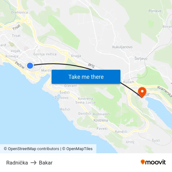 Radnička to Bakar map