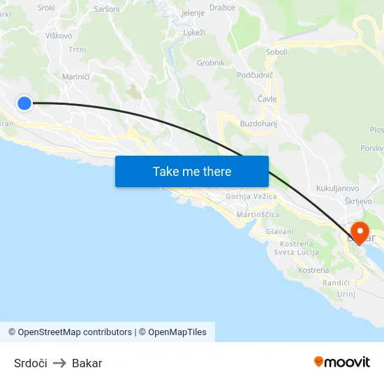 Srdoči to Bakar map