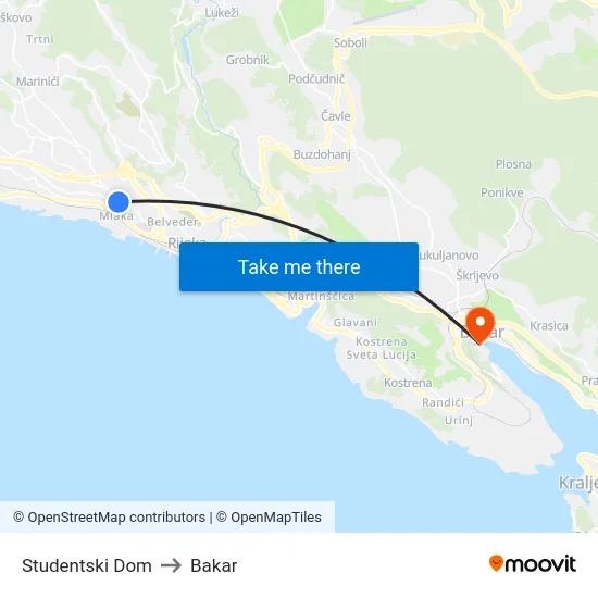 Studentski Dom to Bakar map