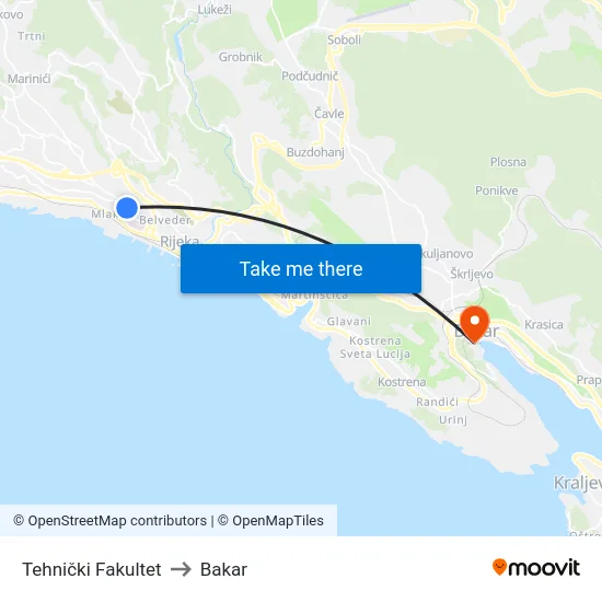 Tehnički Fakultet to Bakar map