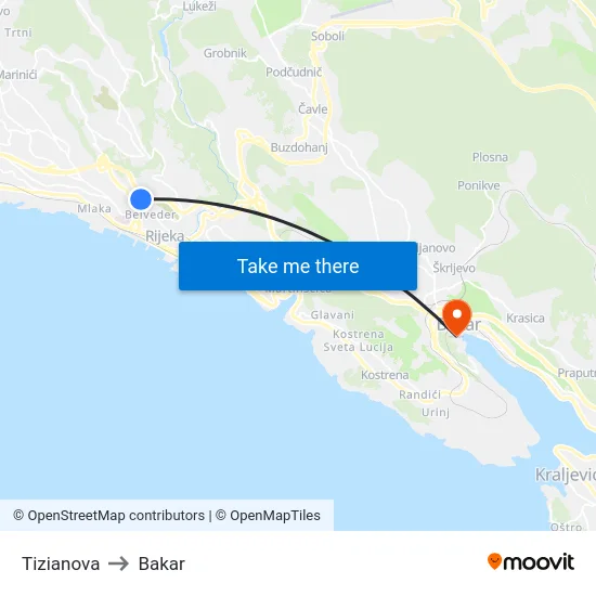Tizianova to Bakar map