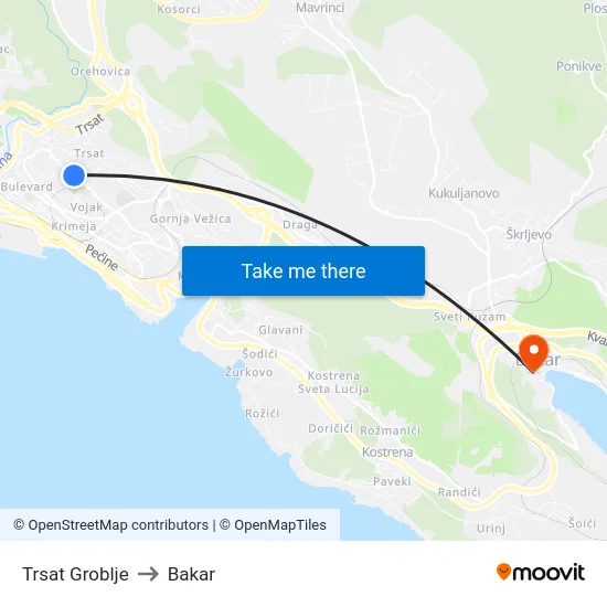 Trsat Groblje to Bakar map