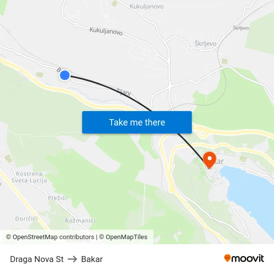 Draga Nova St to Bakar map