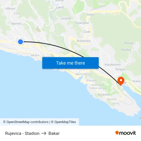 Rujevica - Stadion to Bakar map