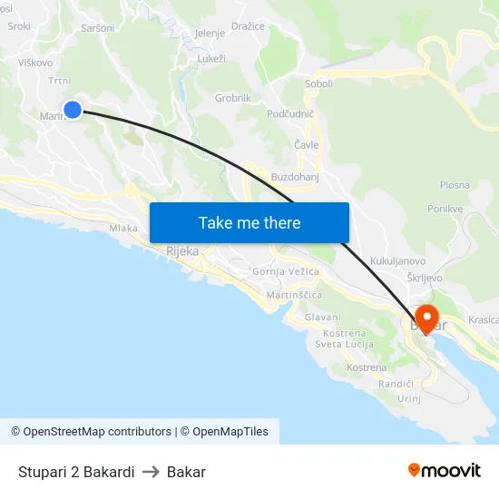 Stupari 2 Bakardi to Bakar map