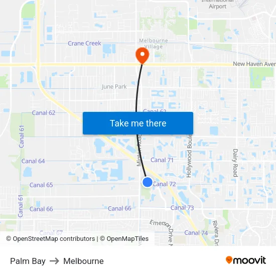 Palm Bay to Melbourne map
