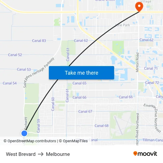 West Brevard to Melbourne map