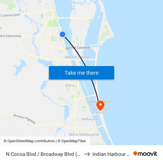 N Cocoa Blvd / Broadway Blvd (Ne Corner) to Indian Harbour Beach map