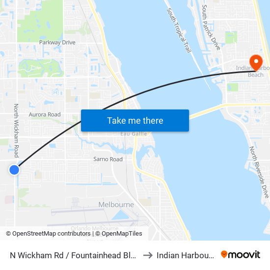 N Wickham Rd / Fountainhead Blvd NW Corner to Indian Harbour Beach map