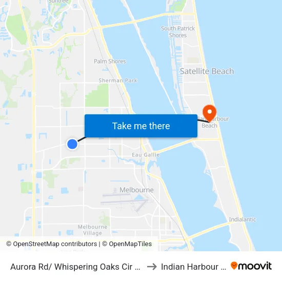 Aurora Rd/ Whispering Oaks Cir (Ne Corner) to Indian Harbour Beach map