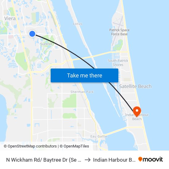 N Wickham Rd/ Baytree Dr (Se Corner) to Indian Harbour Beach map