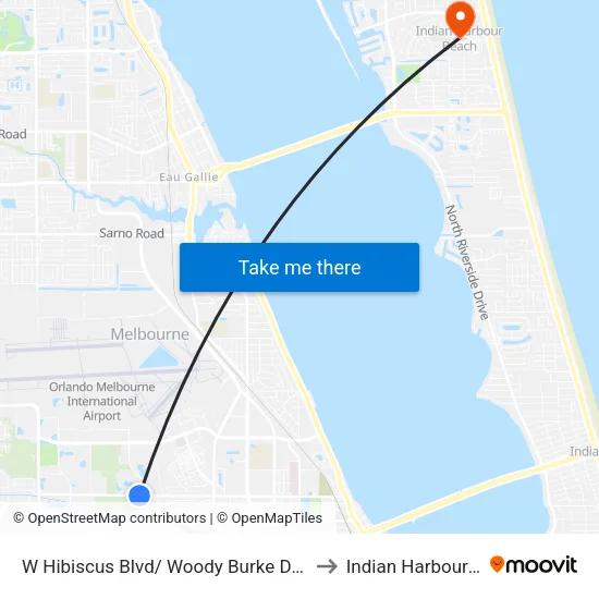 W Hibiscus Blvd/ Woody Burke Dr (Ne Corner) to Indian Harbour Beach map