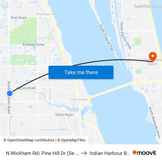 N Wickham Rd/ Pine Hill Dr (Se Corner) to Indian Harbour Beach map