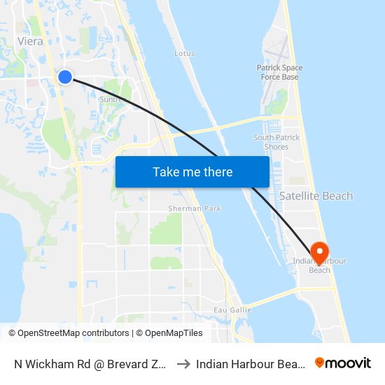 N Wickham Rd @ Brevard Zoo to Indian Harbour Beach map